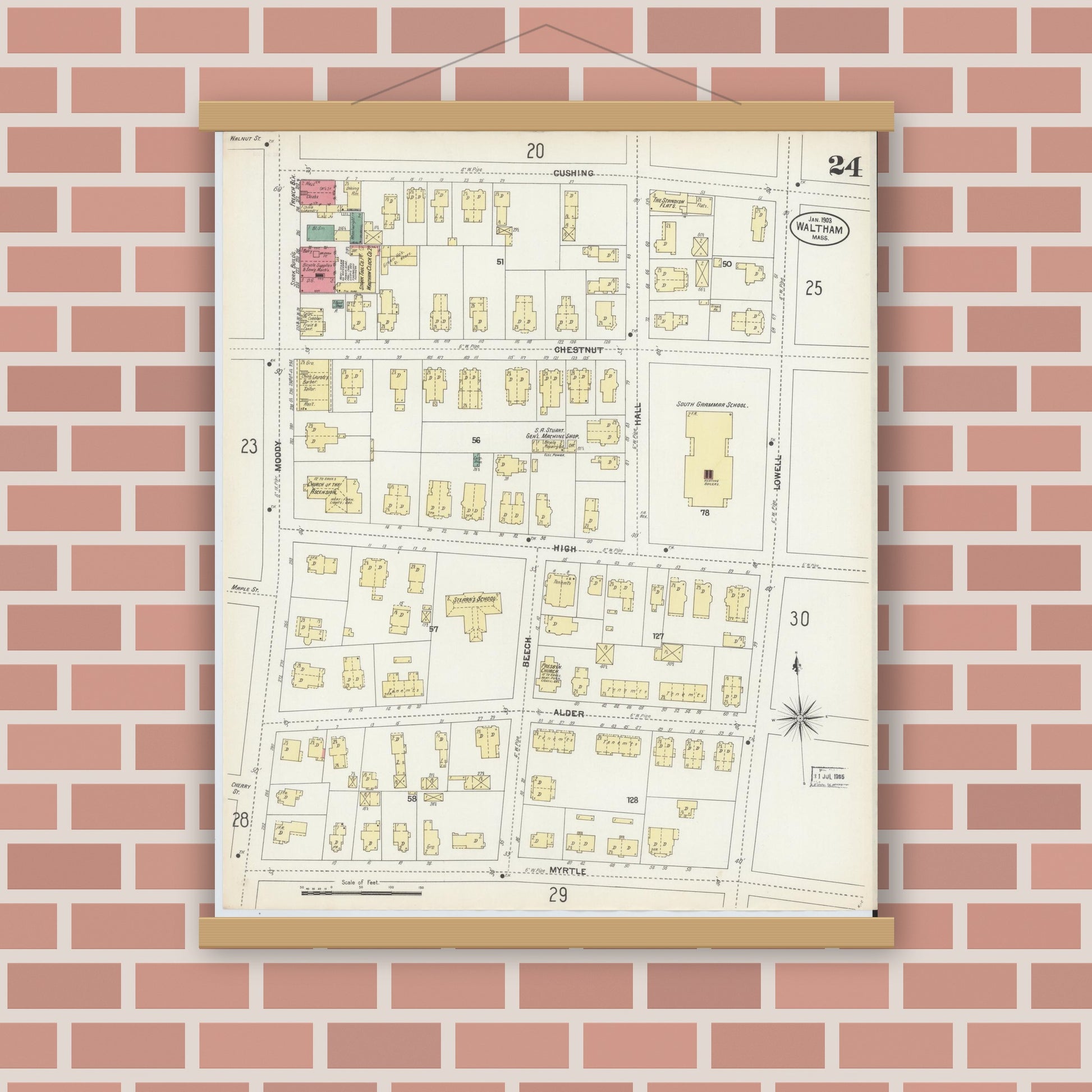 Old map wall art mockup — magnetic wood frame on brick wall — Sanborn Fire Insurance Map from Waltham, Middlesex County, Massachusetts (1903), Sheet #0024