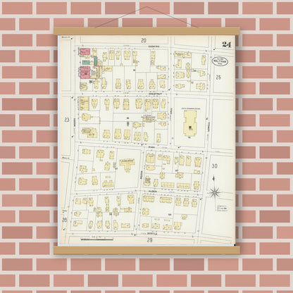 Old map wall art mockup — magnetic wood frame on brick wall — Sanborn Fire Insurance Map from Waltham, Middlesex County, Massachusetts (1903), Sheet #0024