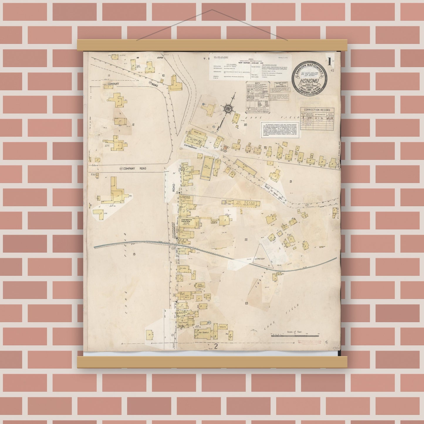 Old map wall art mockup — magnetic wood frame on brick wall — Sanborn Fire Insurance Map from Honomu, Hawaii County, Hawaii (1956) - Complete Map Set