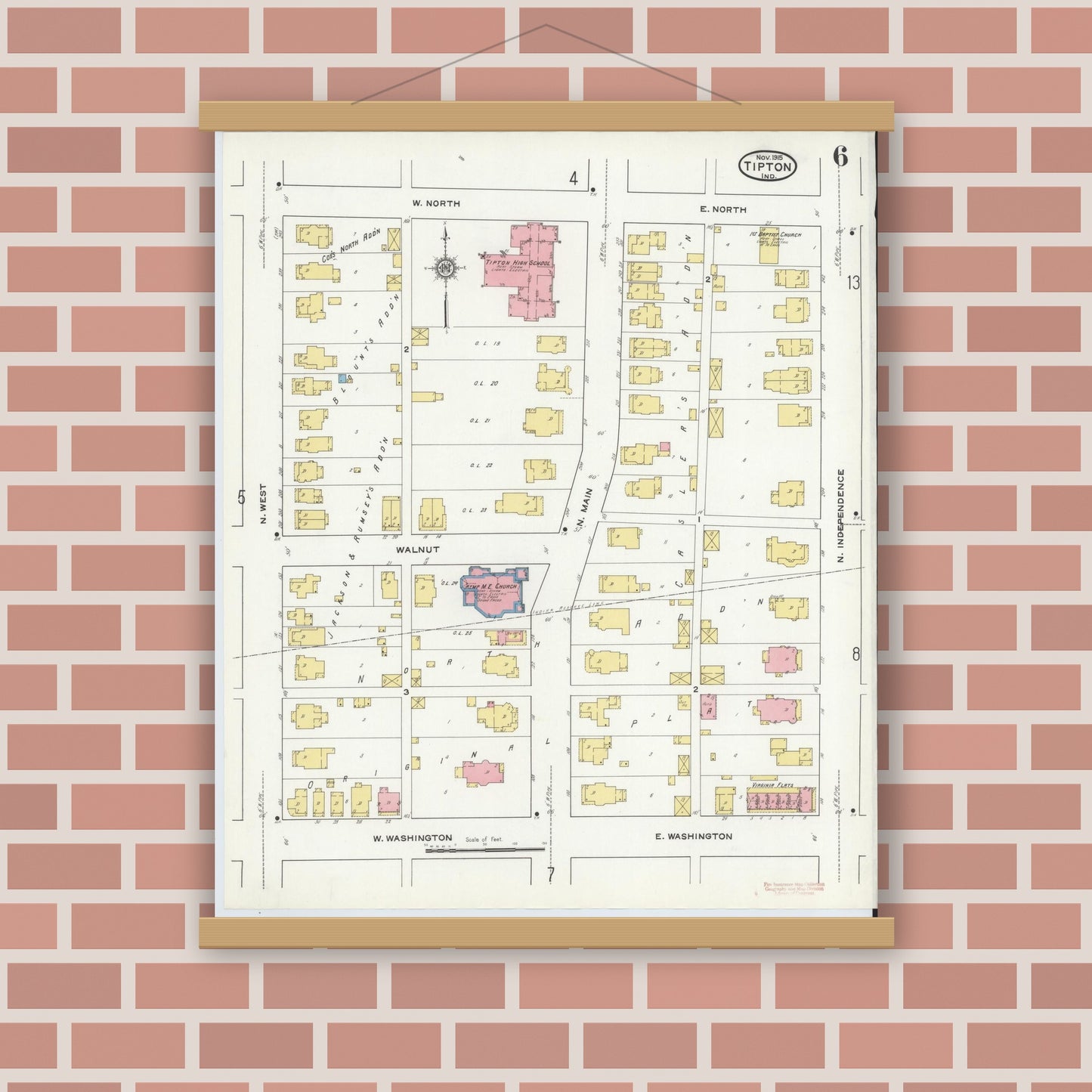 Old map wall art mockup — magnetic wood frame on brick wall — Sanborn Fire Insurance Map from Tipton, Tipton County, Indiana (1915), Sheet #0006
