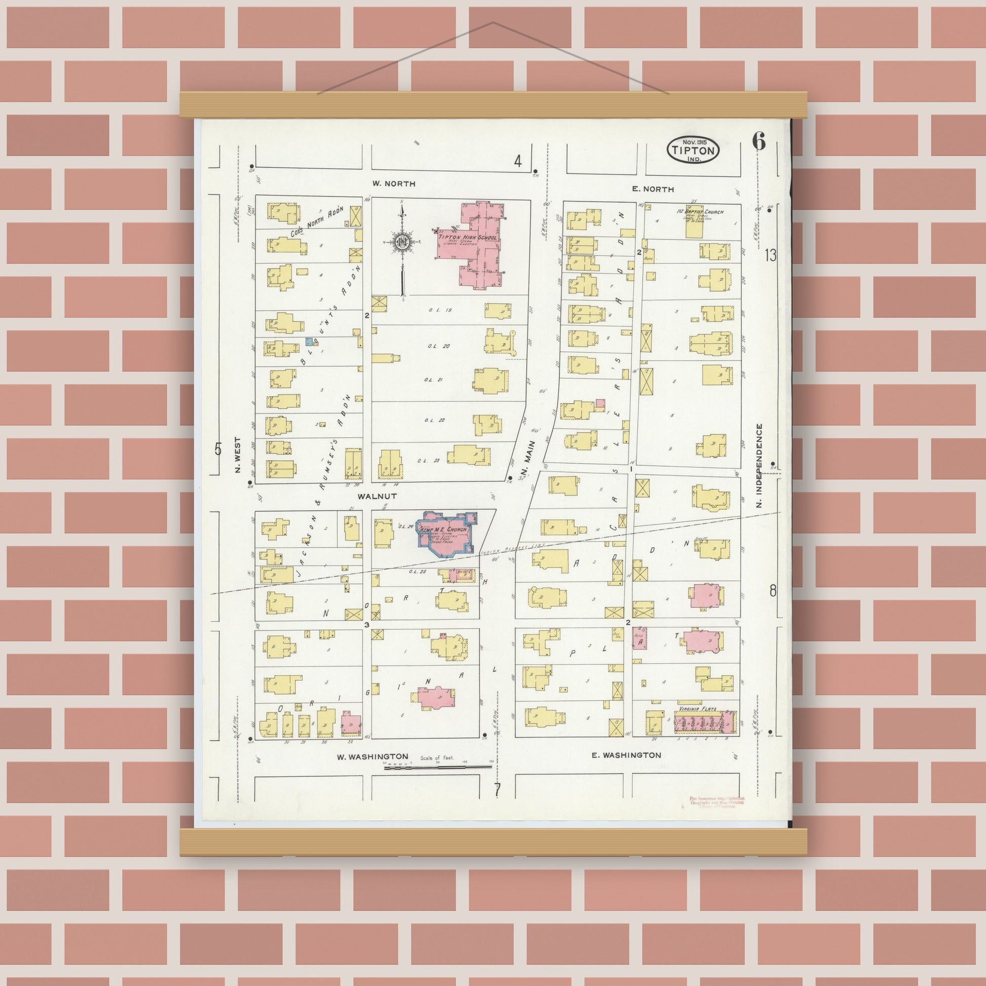 Old map wall art mockup — magnetic wood frame on brick wall — Sanborn Fire Insurance Map from Tipton, Tipton County, Indiana (1915), Sheet #0006