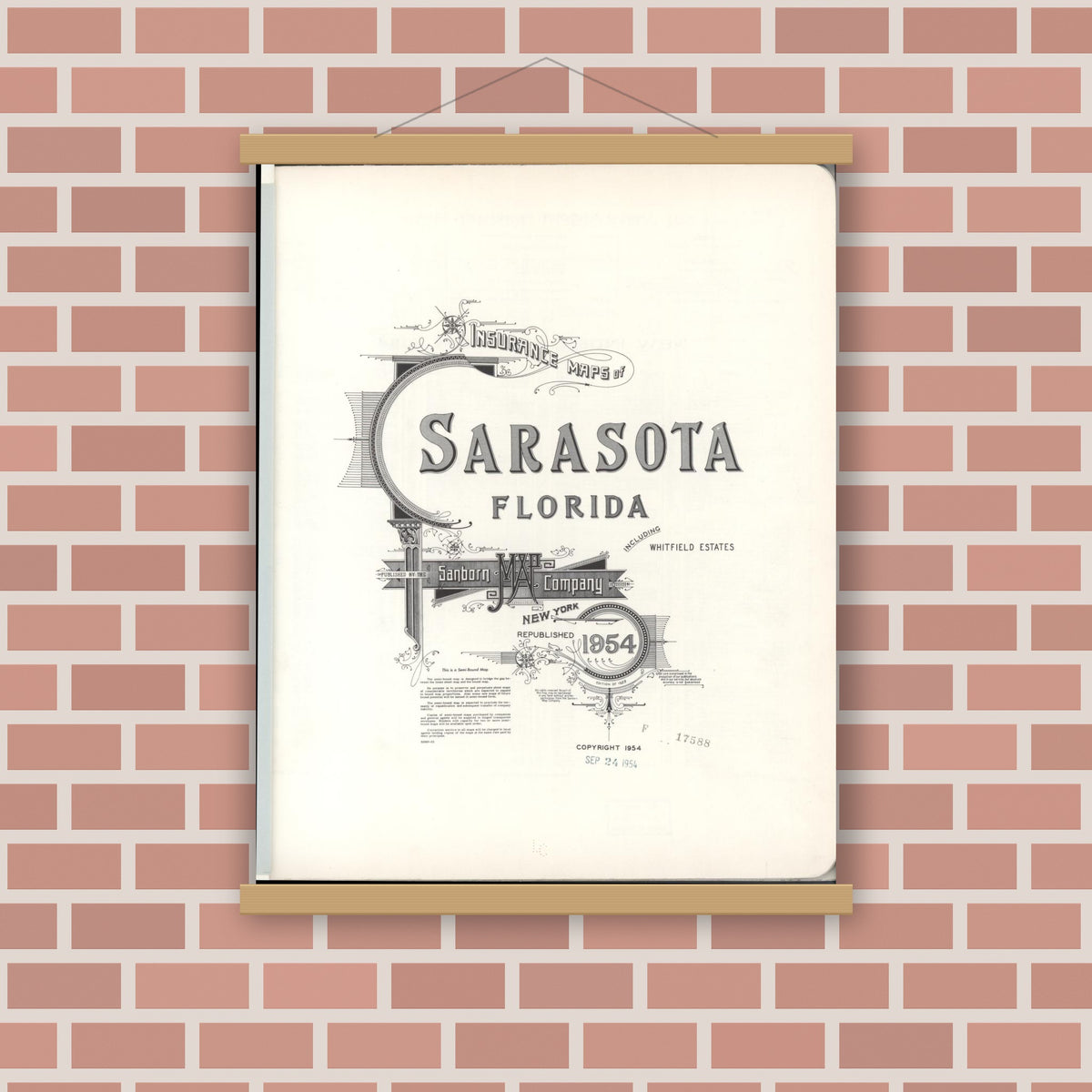 Old map wall art mockup — magnetic wood frame on brick wall — Sanborn Fire Insurance Map from Sarasota, Sarasota County, Florida (1954), Sheet #0001