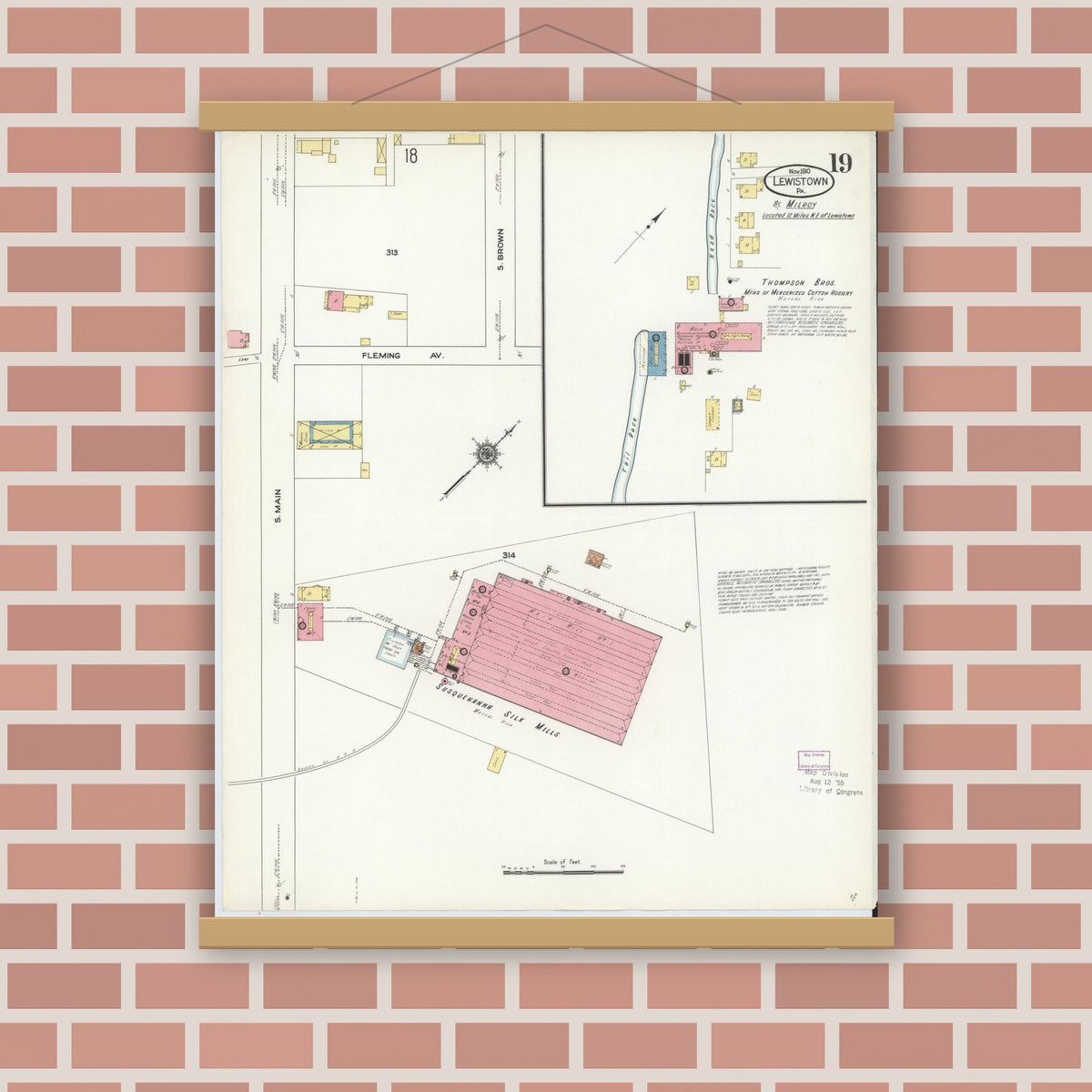 Old map wall art mockup — magnetic wood frame on brick wall — Sanborn Fire Insurance Map from Lewistown, Mifflin County, Pennsylvania (1910), Sheet #0019