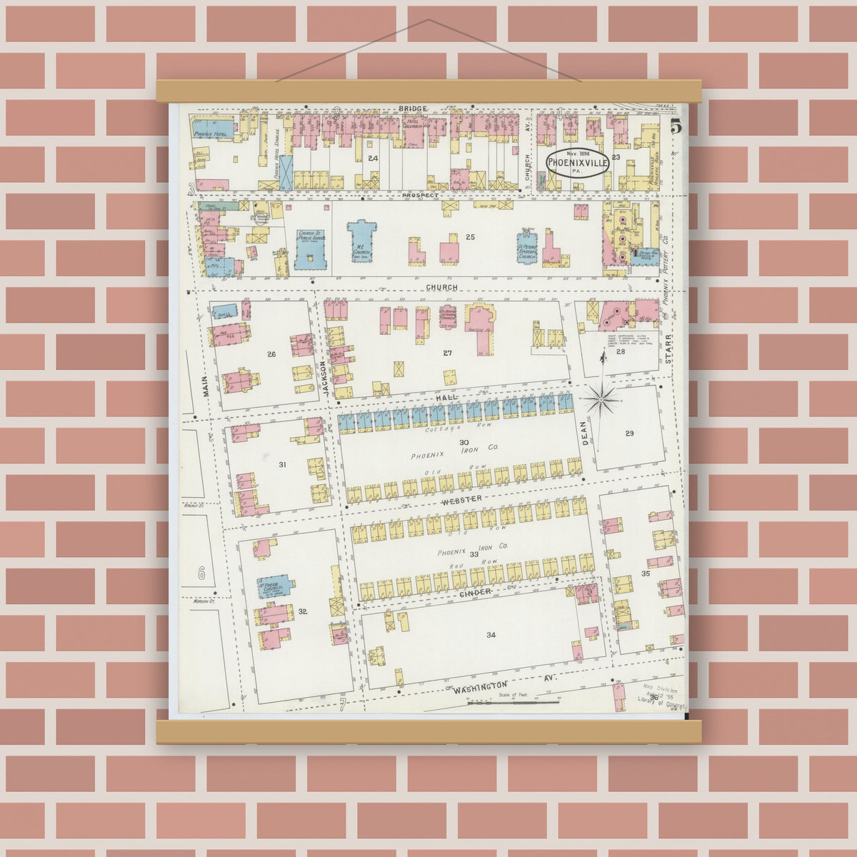 Old map wall art mockup — magnetic wood frame on brick wall — Sanborn Fire Insurance Map from Phoenixville, Chester County, Pennsylvania (1894), Sheet #0005