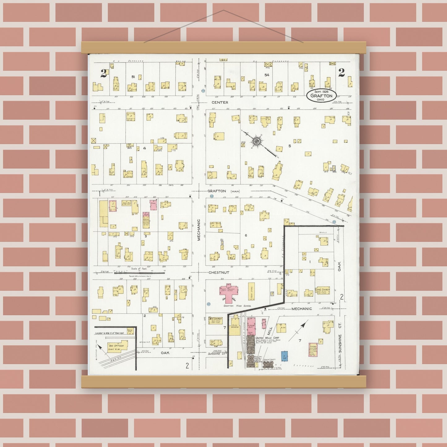 Old map wall art mockup — magnetic wood frame on brick wall — Sanborn Fire Insurance Map from Grafton, Lorain County, Ohio (1926), Sheet #0002