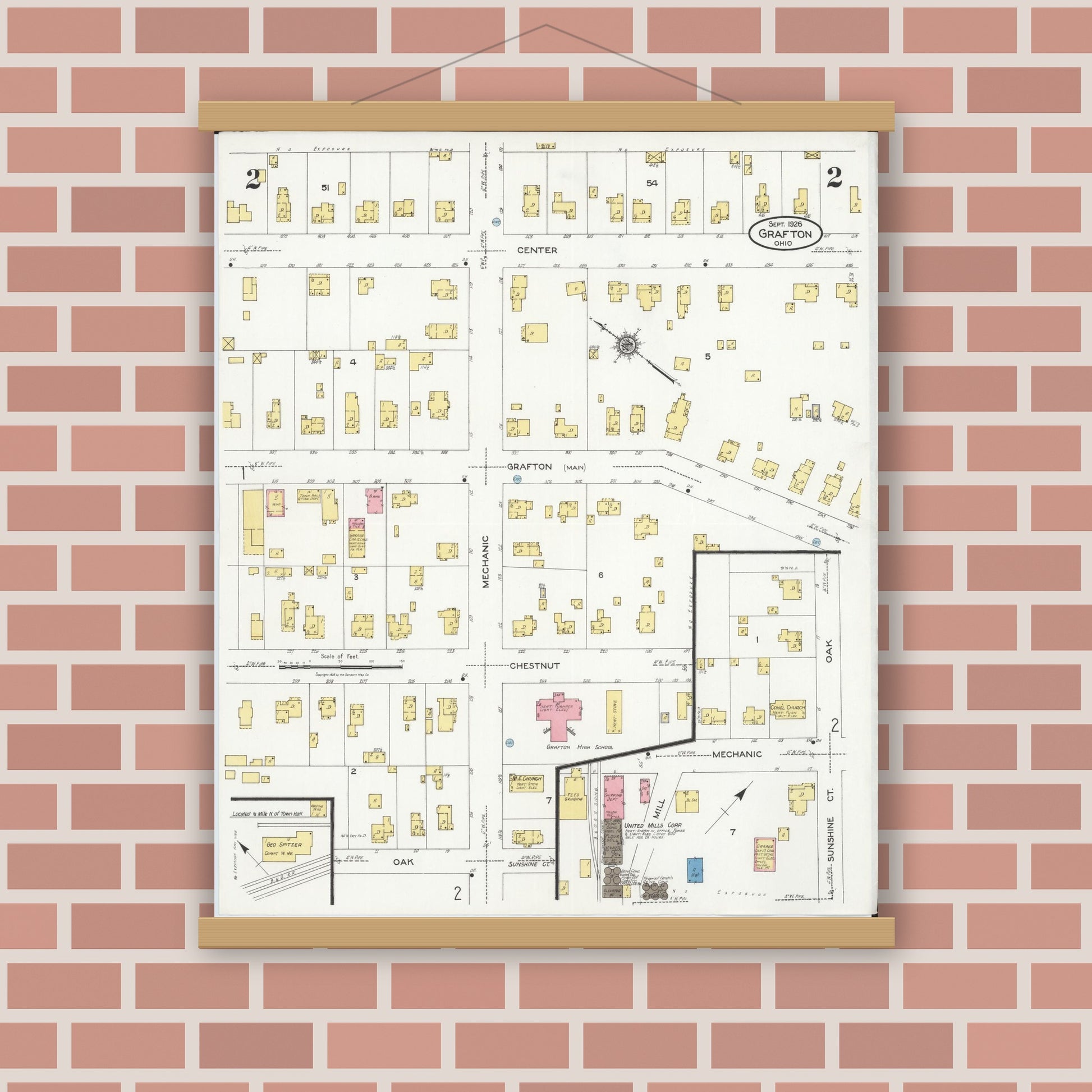 Old map wall art mockup — magnetic wood frame on brick wall — Sanborn Fire Insurance Map from Grafton, Lorain County, Ohio (1926), Sheet #0002
