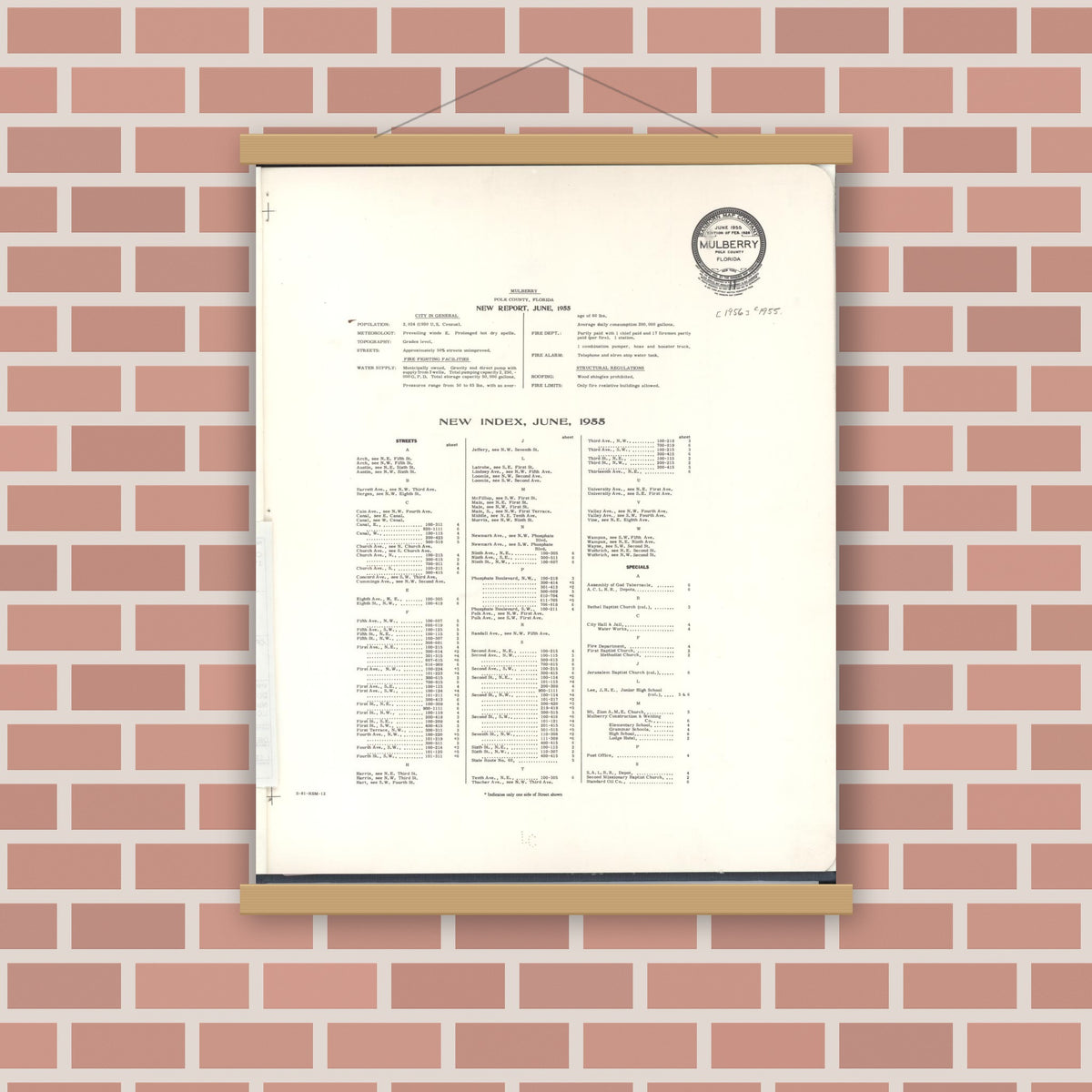 Old map wall art mockup — magnetic wood frame on brick wall — Sanborn Fire Insurance Map from Mulberry, Polk County, Florida (1955), Sheet #0001