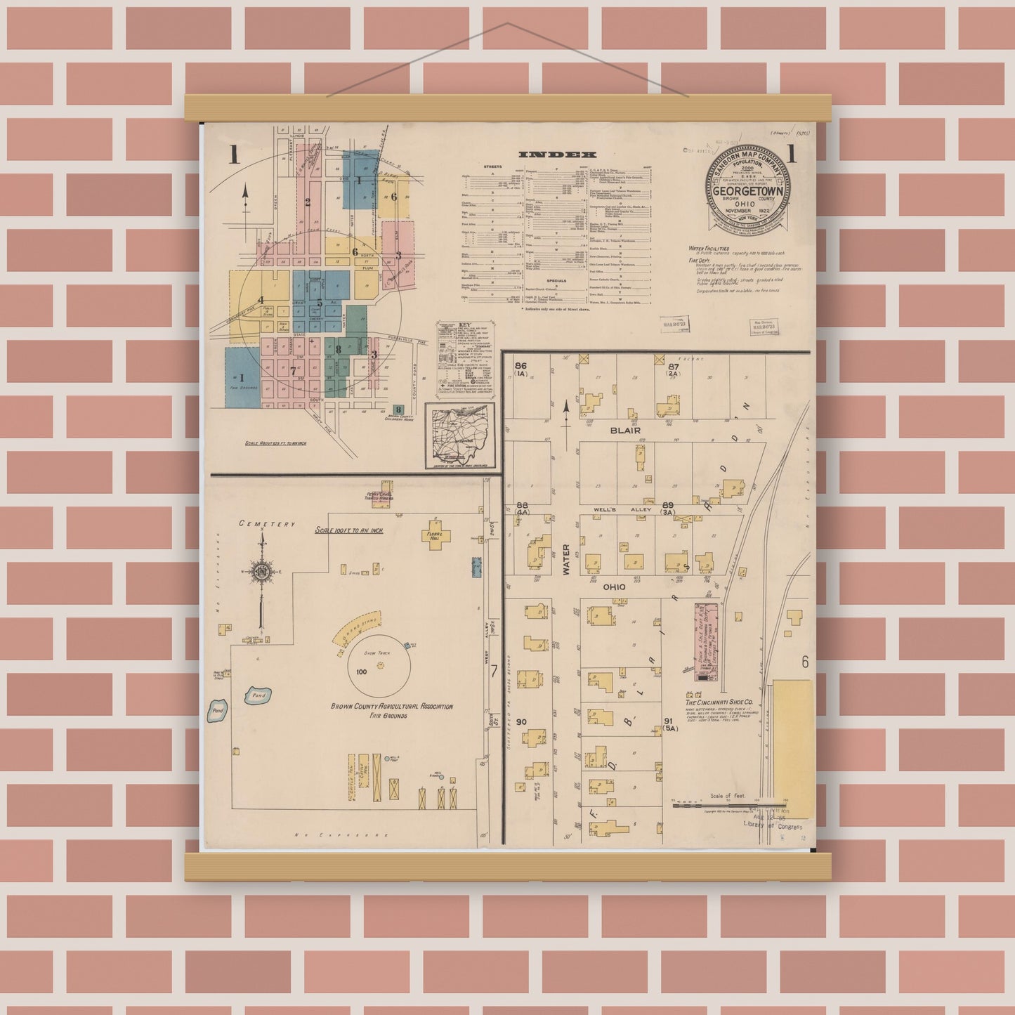 Old map wall art mockup — magnetic wood frame on brick wall — Sanborn Fire Insurance Map from Georgetown, Brown County, Ohio (1922) - Complete Map Set