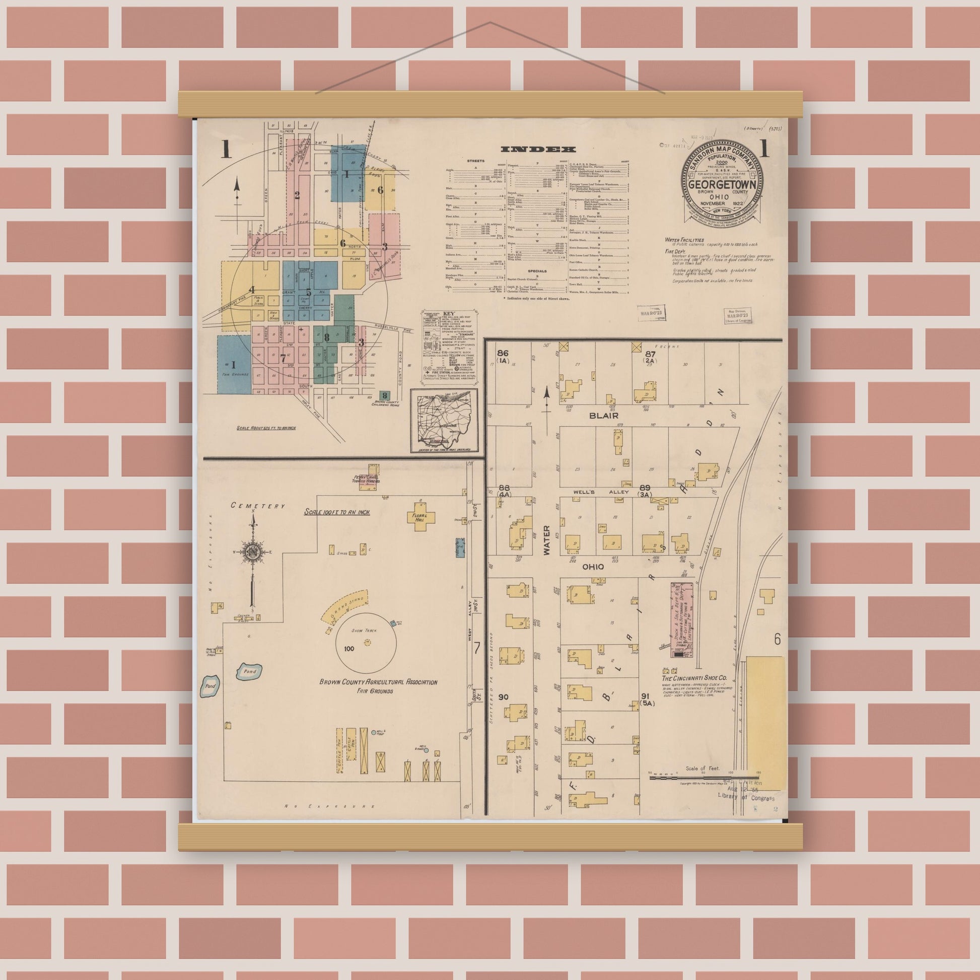 Old map wall art mockup — magnetic wood frame on brick wall — Sanborn Fire Insurance Map from Georgetown, Brown County, Ohio (1922) - Complete Map Set