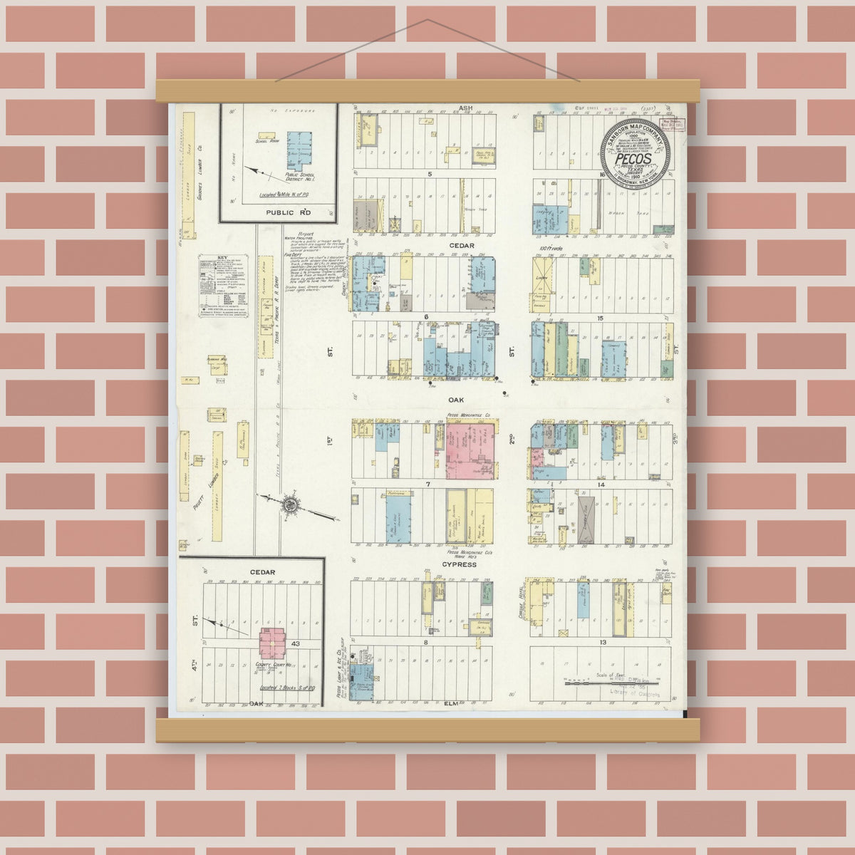 Old map wall art mockup — magnetic wood frame on brick wall — Sanborn Fire Insurance Map from Pecos, Reeves County, Texas (1910), Sheet #0001
