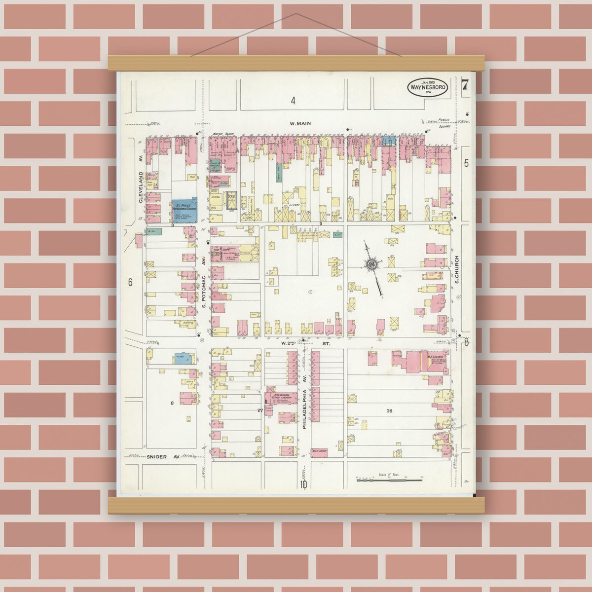 Old map wall art mockup — magnetic wood frame on brick wall — Sanborn Fire Insurance Map from Waynesboro, Franklin County, Pennsylvania (1910), Sheet #0007