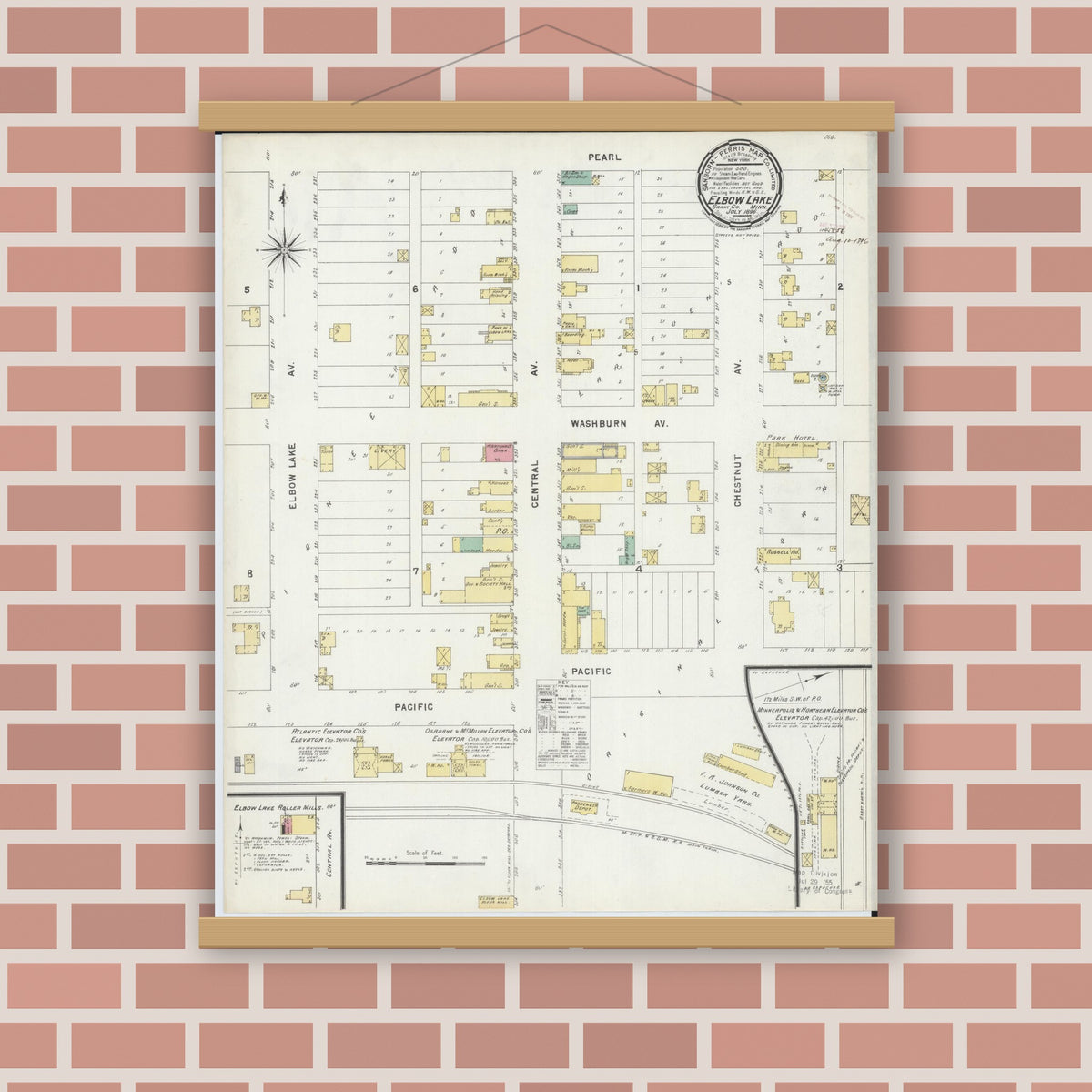 Old map wall art mockup — magnetic wood frame on brick wall — Sanborn Fire Insurance Map from Elbow Lake, Grant County, Minnesota (1896), Sheet #0001