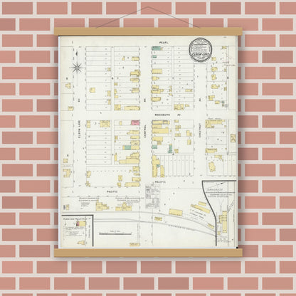 Old map wall art mockup — magnetic wood frame on brick wall — Sanborn Fire Insurance Map from Elbow Lake, Grant County, Minnesota (1896), Sheet #0001