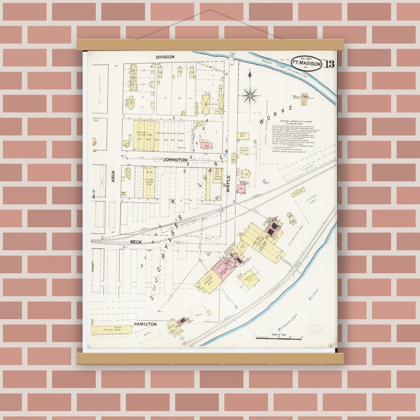 Old map wall art mockup — magnetic wood frame on brick wall — Sanborn Fire Insurance Map from Fort Madison, Lee County, Iowa (1889), Sheet #0013
