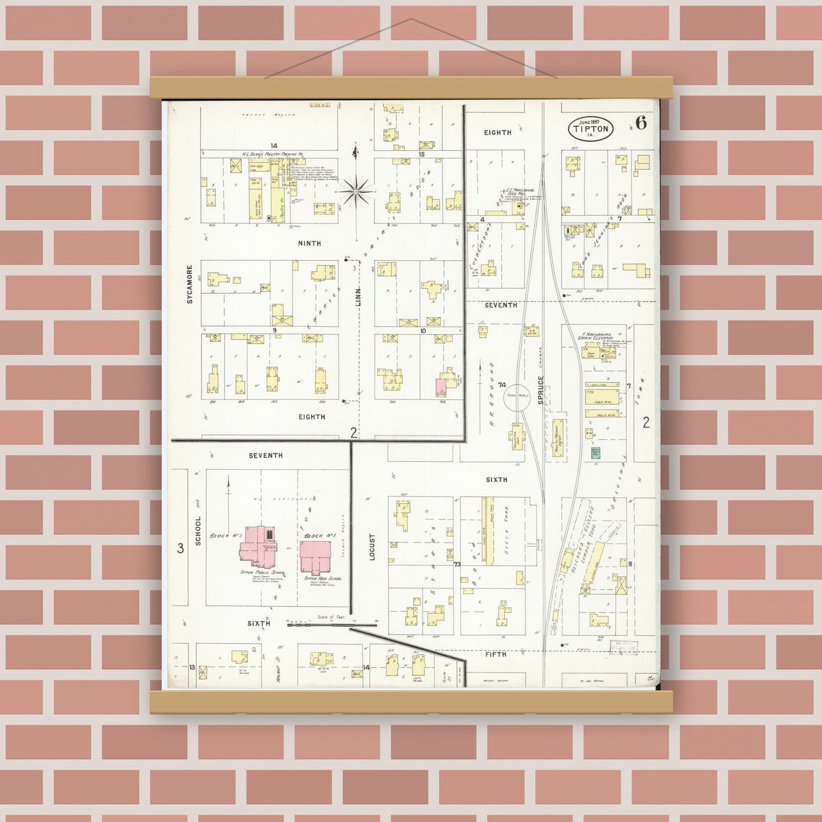 Old map wall art mockup — magnetic wood frame on brick wall — Sanborn Fire Insurance Map from Tipton, Cedar County, Iowa (1897), Sheet #0006