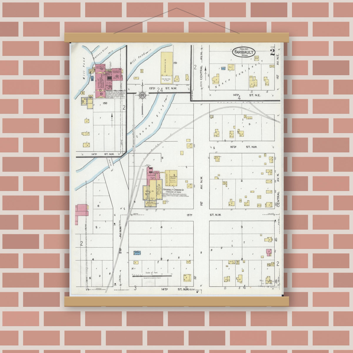 Old map wall art mockup — magnetic wood frame on brick wall — Sanborn Fire Insurance Map from Faribault, Rice County, Minnesota (1921), Sheet #0002