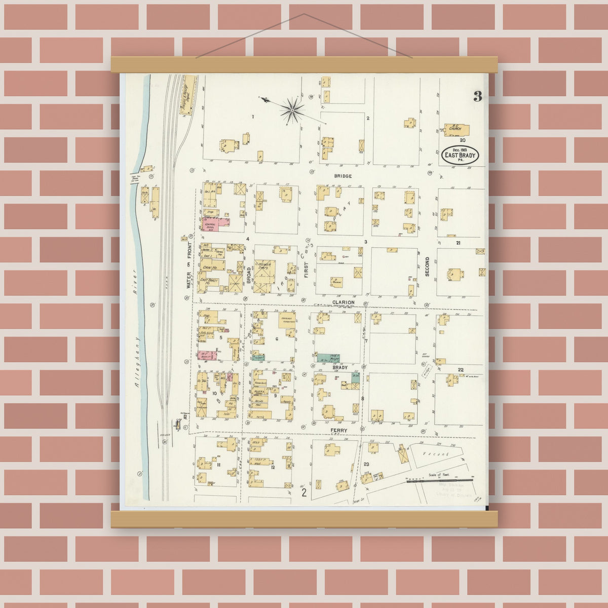 Old map wall art mockup — magnetic wood frame on brick wall — Sanborn Fire Insurance Map from East Brady, Clarion County, Pennsylvania (1903), Sheet #0003