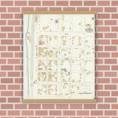 Old map wall art mockup — magnetic wood frame on brick wall — Sanborn Fire Insurance Map from East Brady, Clarion County, Pennsylvania (1903), Sheet #0003
