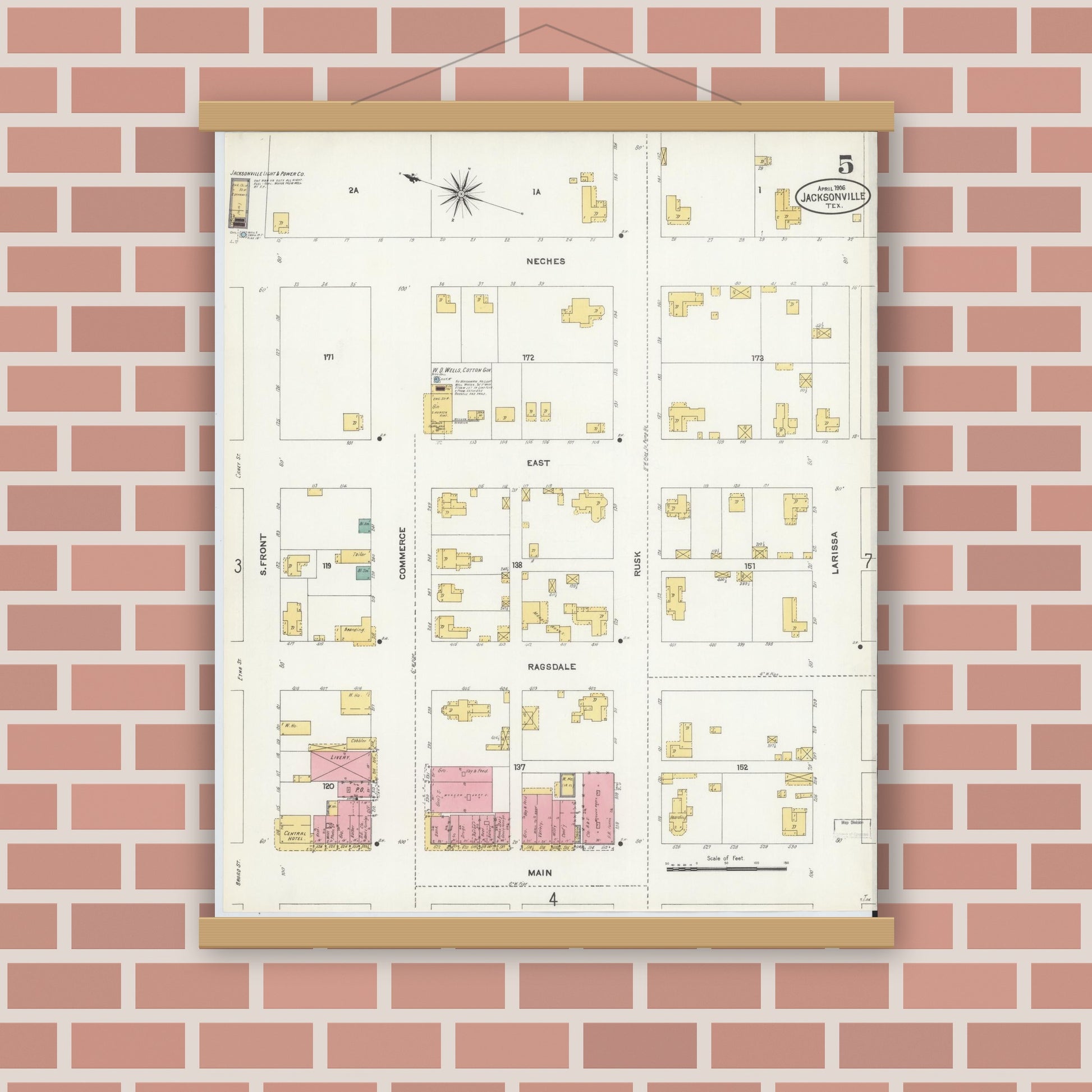 Old map wall art mockup — magnetic wood frame on brick wall — Sanborn Fire Insurance Map from Jacksonville, Cherokee County, Texas (1906), Sheet #0005