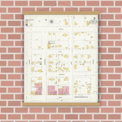 Old map wall art mockup — magnetic wood frame on brick wall — Sanborn Fire Insurance Map from Jacksonville, Cherokee County, Texas (1906), Sheet #0005