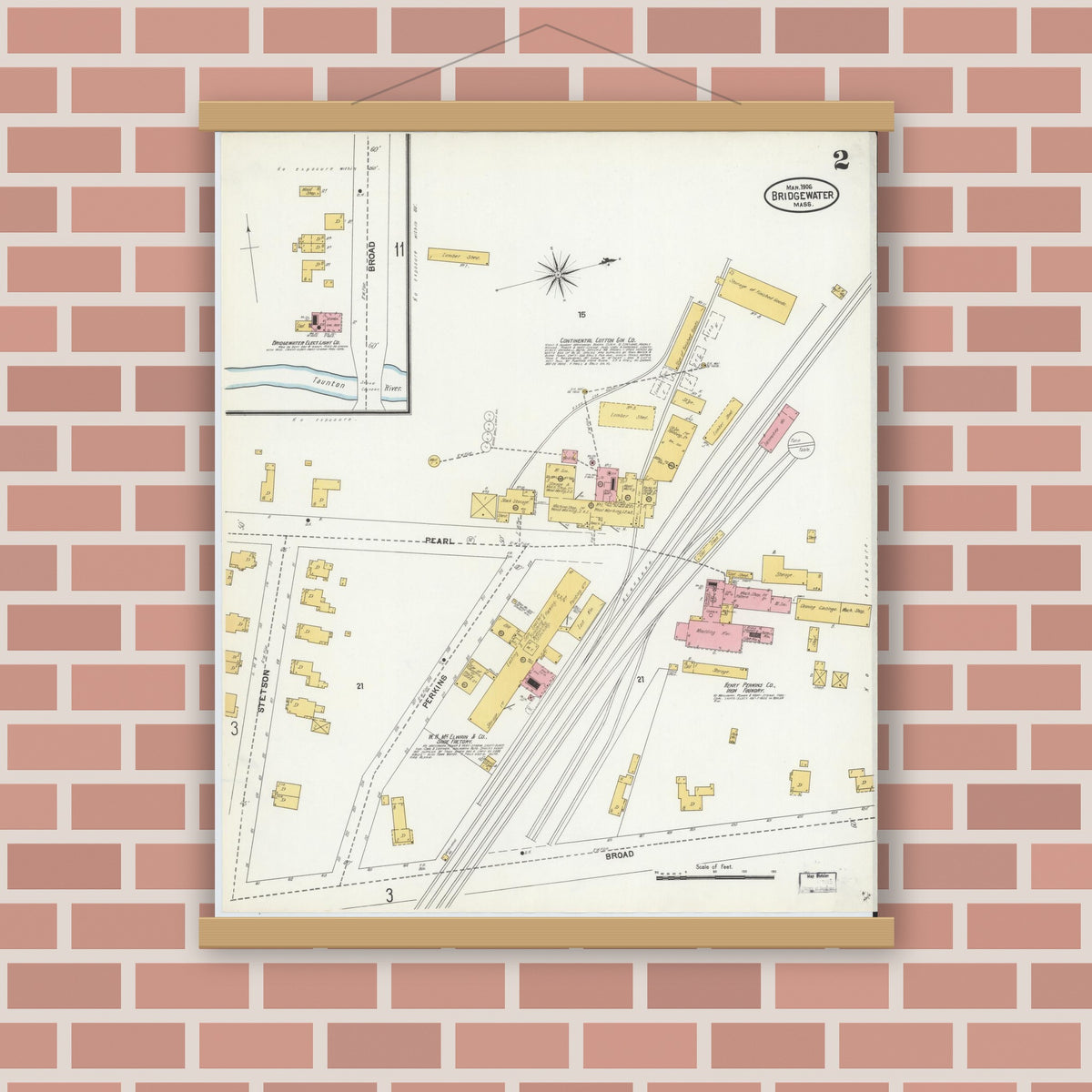Old map wall art mockup — magnetic wood frame on brick wall — Sanborn Fire Insurance Map from Bridgewater, Plymouth County, Massachusetts (1906), Sheet #0002