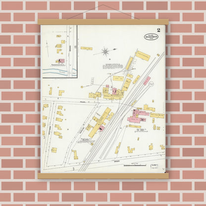 Old map wall art mockup — magnetic wood frame on brick wall — Sanborn Fire Insurance Map from Bridgewater, Plymouth County, Massachusetts (1906), Sheet #0002