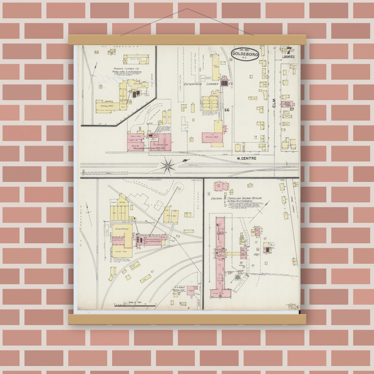 Old map wall art mockup — magnetic wood frame on brick wall — Sanborn Fire Insurance Map from Goldsboro, Wayne County, North Carolina (1891), Sheet #0007