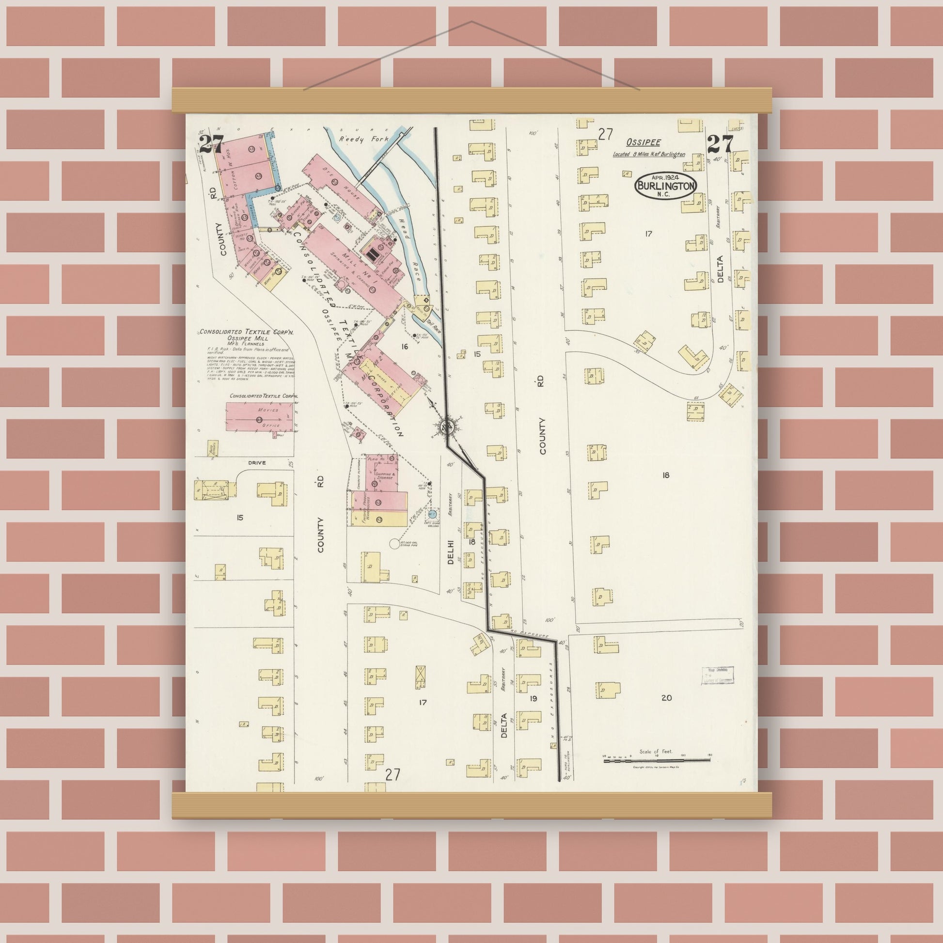 Old map wall art mockup — magnetic wood frame on brick wall — Sanborn Fire Insurance Map from Burlington, Alamance County, North Carolina (1924), Sheet #0027