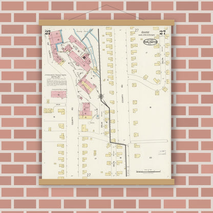 Old map wall art mockup — magnetic wood frame on brick wall — Sanborn Fire Insurance Map from Burlington, Alamance County, North Carolina (1924), Sheet #0027