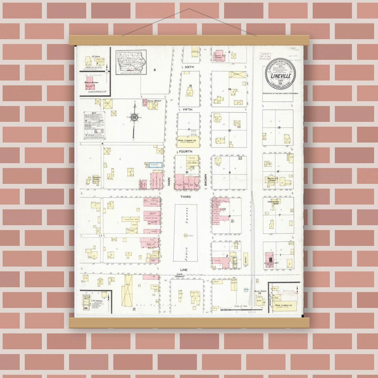 Old map wall art mockup — magnetic wood frame on brick wall — Sanborn Fire Insurance Map from Lineville, Wayne County, Iowa (1914), Sheet #0001