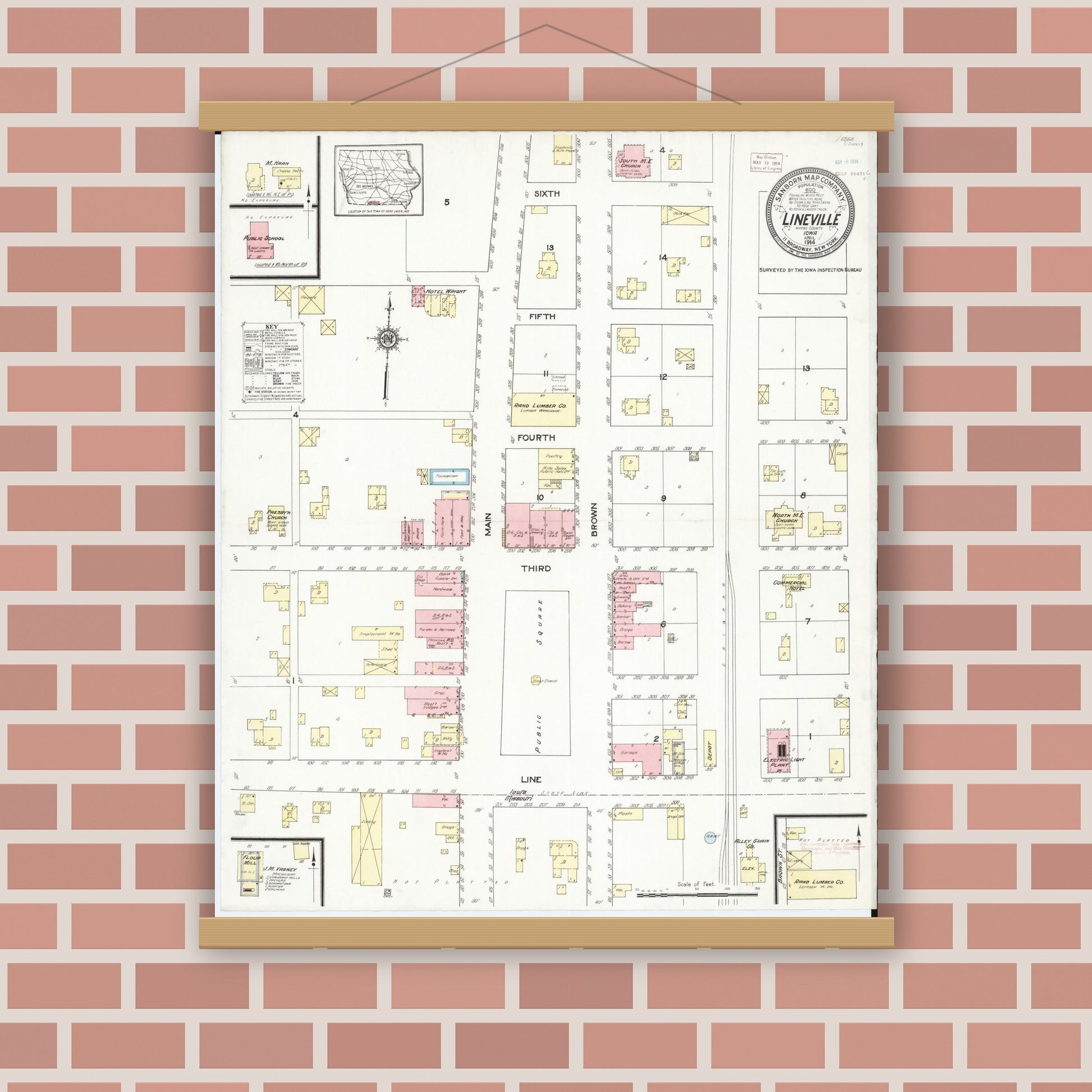 Old map wall art mockup — magnetic wood frame on brick wall — Sanborn Fire Insurance Map from Lineville, Wayne County, Iowa (1914), Sheet #0001