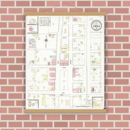Old map wall art mockup — magnetic wood frame on brick wall — Sanborn Fire Insurance Map from Lineville, Wayne County, Iowa (1914), Sheet #0001