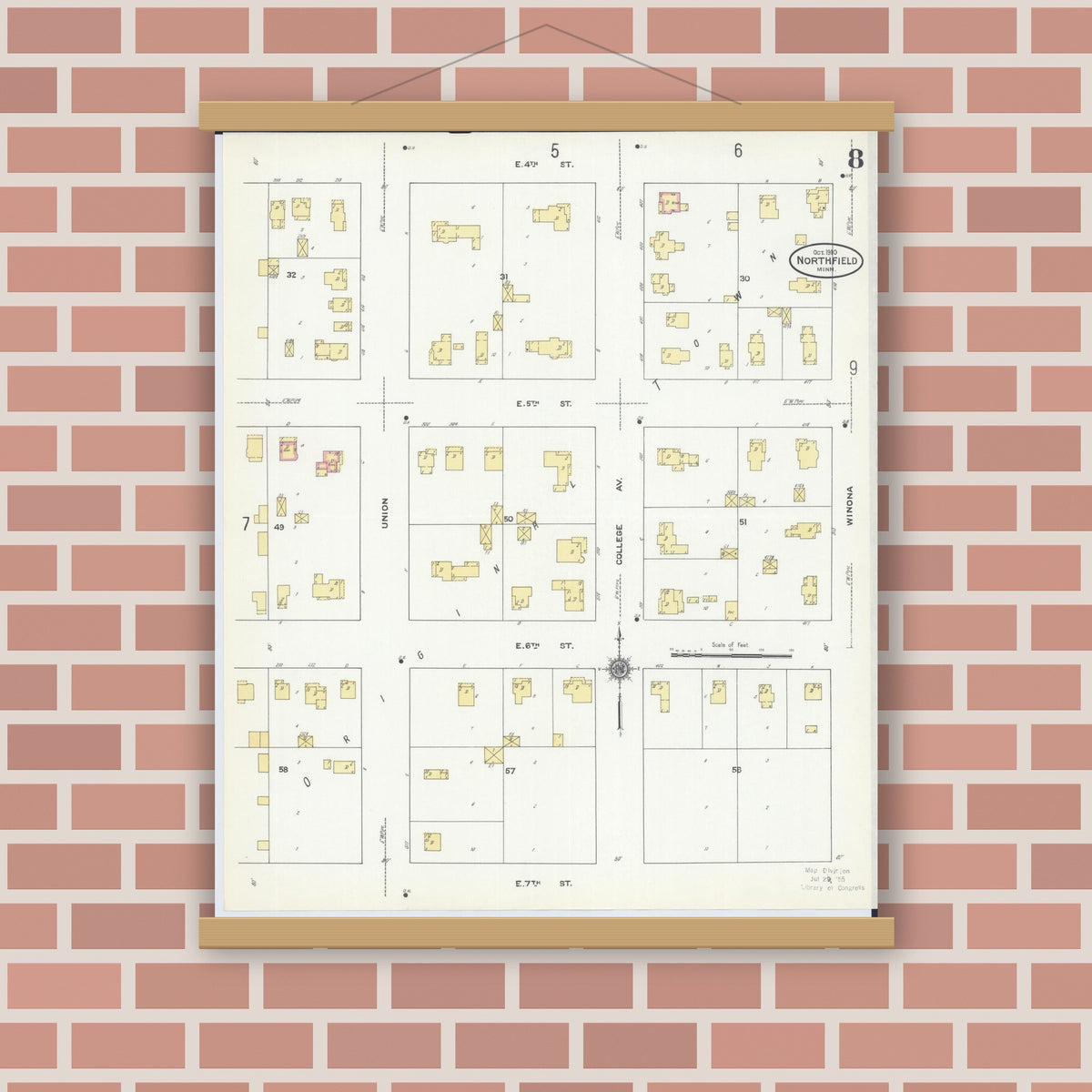 Old map wall art mockup — magnetic wood frame on brick wall — Sanborn Fire Insurance Map from Northfield, Rice County, Minnesota (1910), Sheet #0008