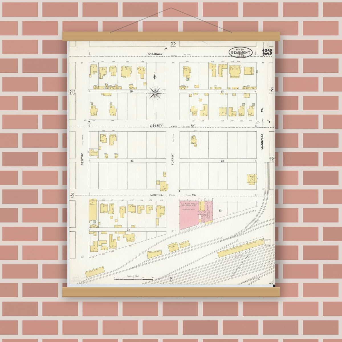 Old map wall art mockup — magnetic wood frame on brick wall — Sanborn Fire Insurance Map from Beaumont, Jefferson County, Texas (1904), Sheet #0023