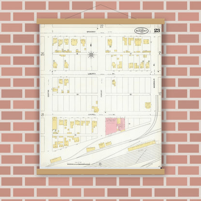 Old map wall art mockup — magnetic wood frame on brick wall — Sanborn Fire Insurance Map from Beaumont, Jefferson County, Texas (1904), Sheet #0023