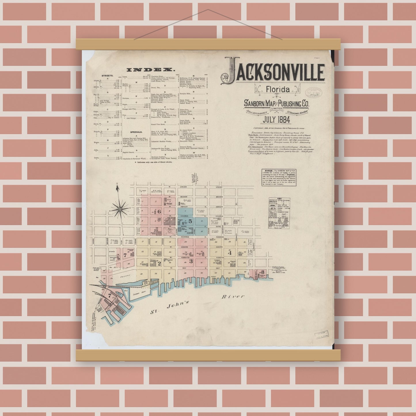 Old map wall art mockup — magnetic wood frame on brick wall — Sanborn Fire Insurance Map from Jacksonville, Duval County, Florida (1884) - Complete Map Set