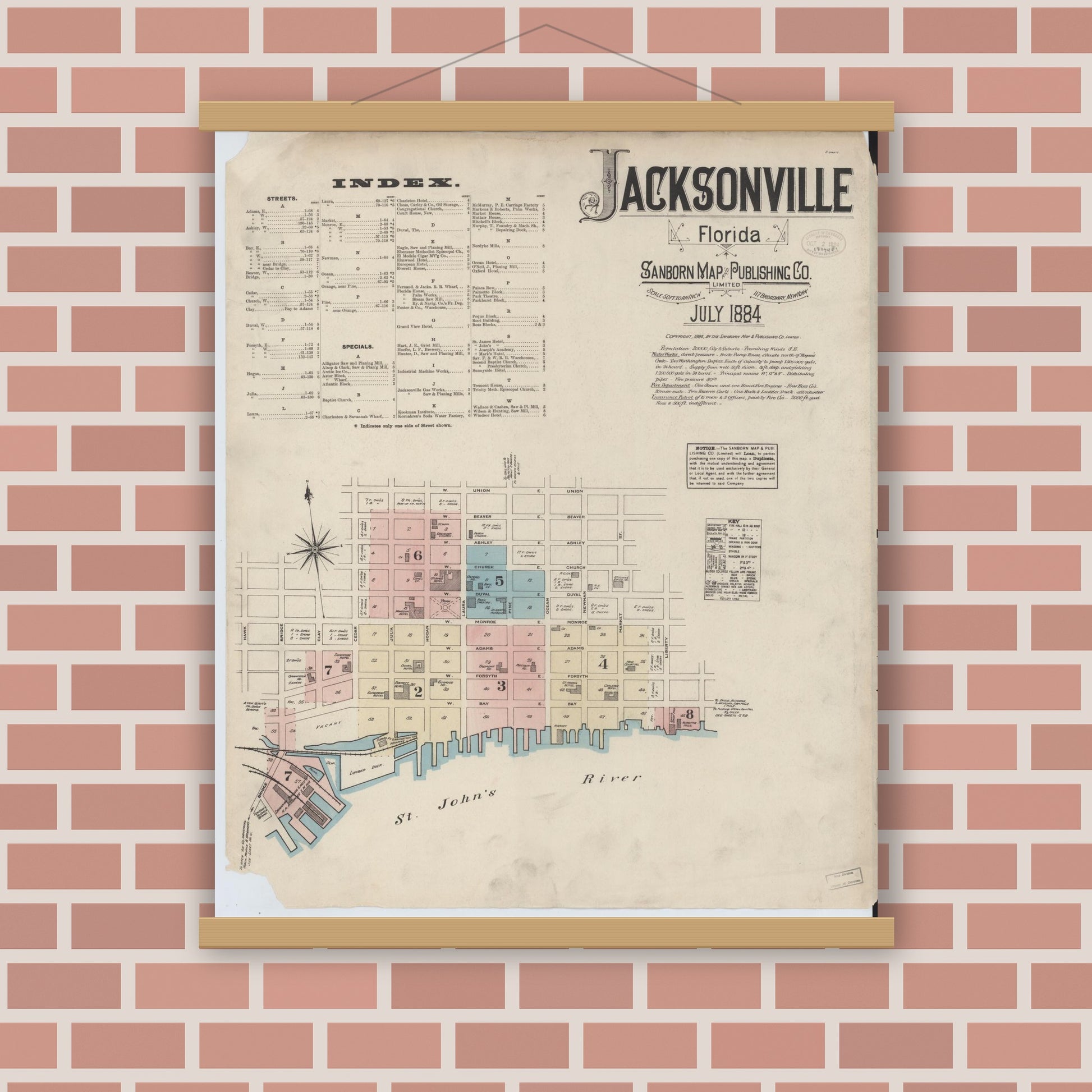 Old map wall art mockup — magnetic wood frame on brick wall — Sanborn Fire Insurance Map from Jacksonville, Duval County, Florida (1884) - Complete Map Set