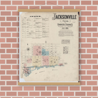 Old map wall art mockup — magnetic wood frame on brick wall — Sanborn Fire Insurance Map from Jacksonville, Duval County, Florida (1884) - Complete Map Set