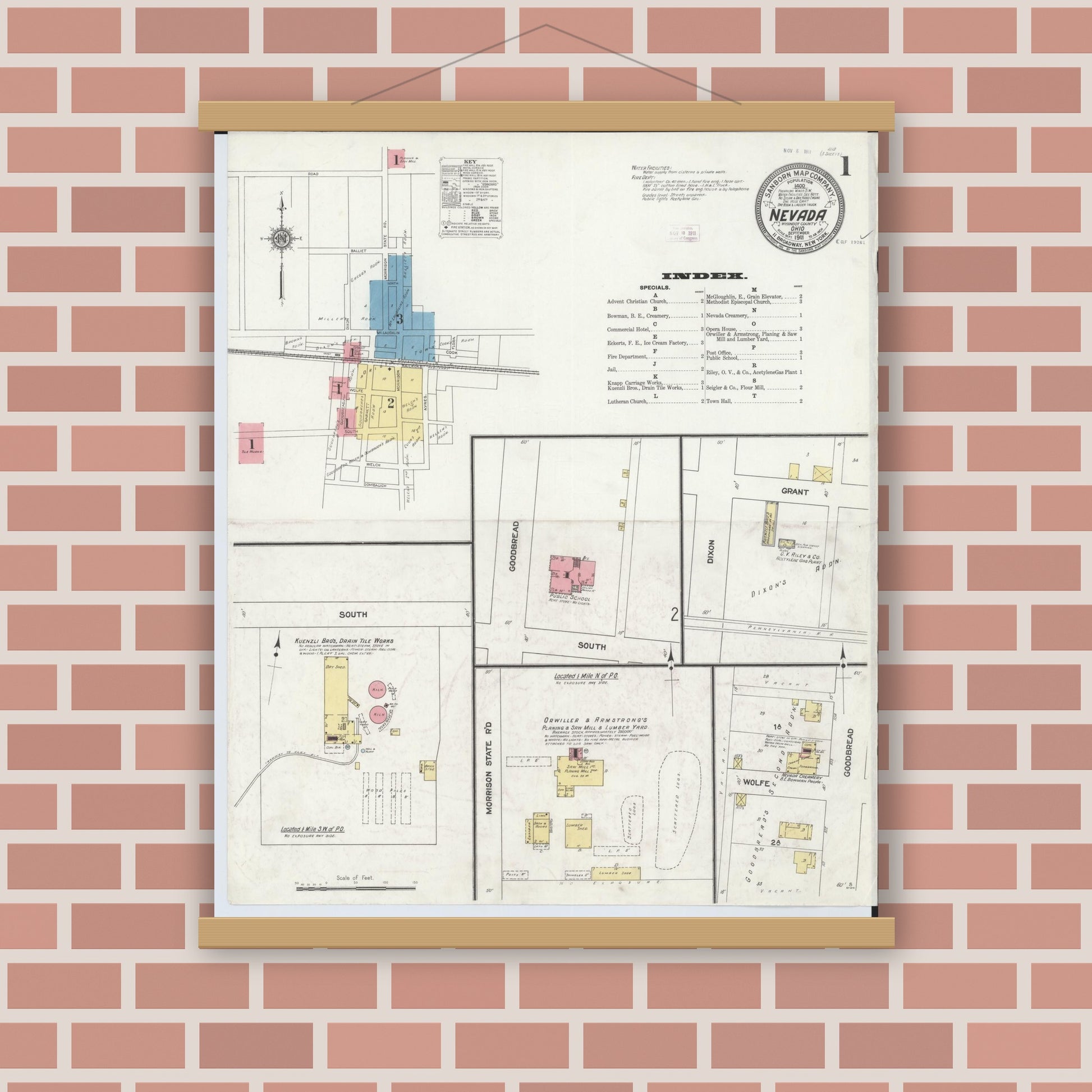 Old map wall art mockup — magnetic wood frame on brick wall — Sanborn Fire Insurance Map from Nevada, Wyandot County, Ohio (1911), Sheet #0001