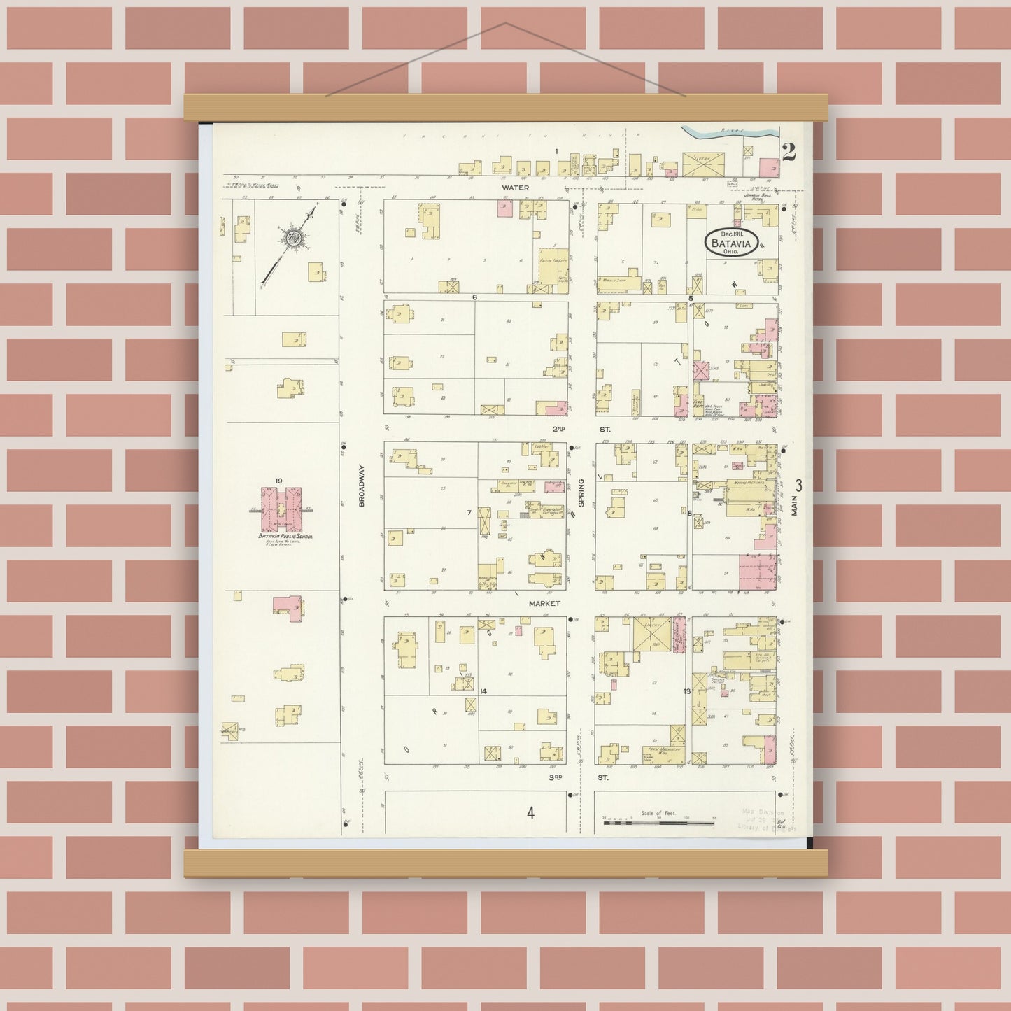 Old map wall art mockup — magnetic wood frame on brick wall — Sanborn Fire Insurance Map from Batavia, Clermont County, Ohio (1911), Sheet #0002