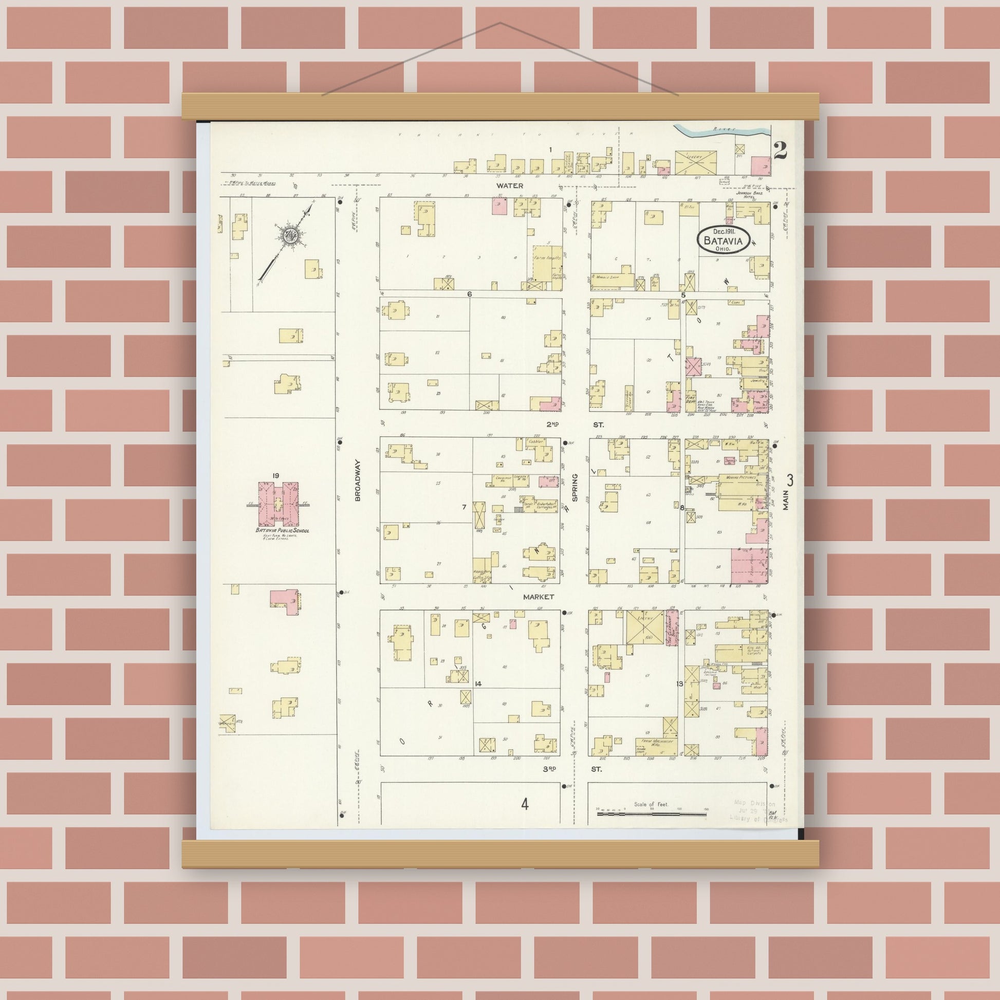 Old map wall art mockup — magnetic wood frame on brick wall — Sanborn Fire Insurance Map from Batavia, Clermont County, Ohio (1911), Sheet #0002