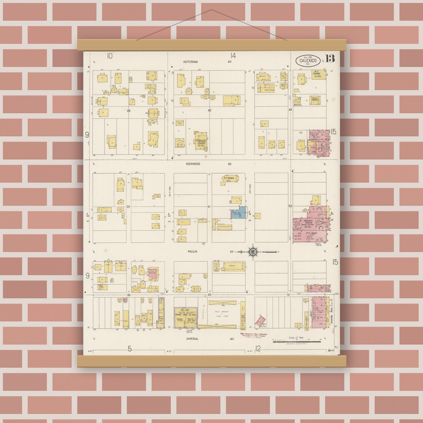 Old map wall art mockup — magnetic wood frame on brick wall — Sanborn Fire Insurance Map from Calexico, Imperial County, California (1920), Sheet #0013
