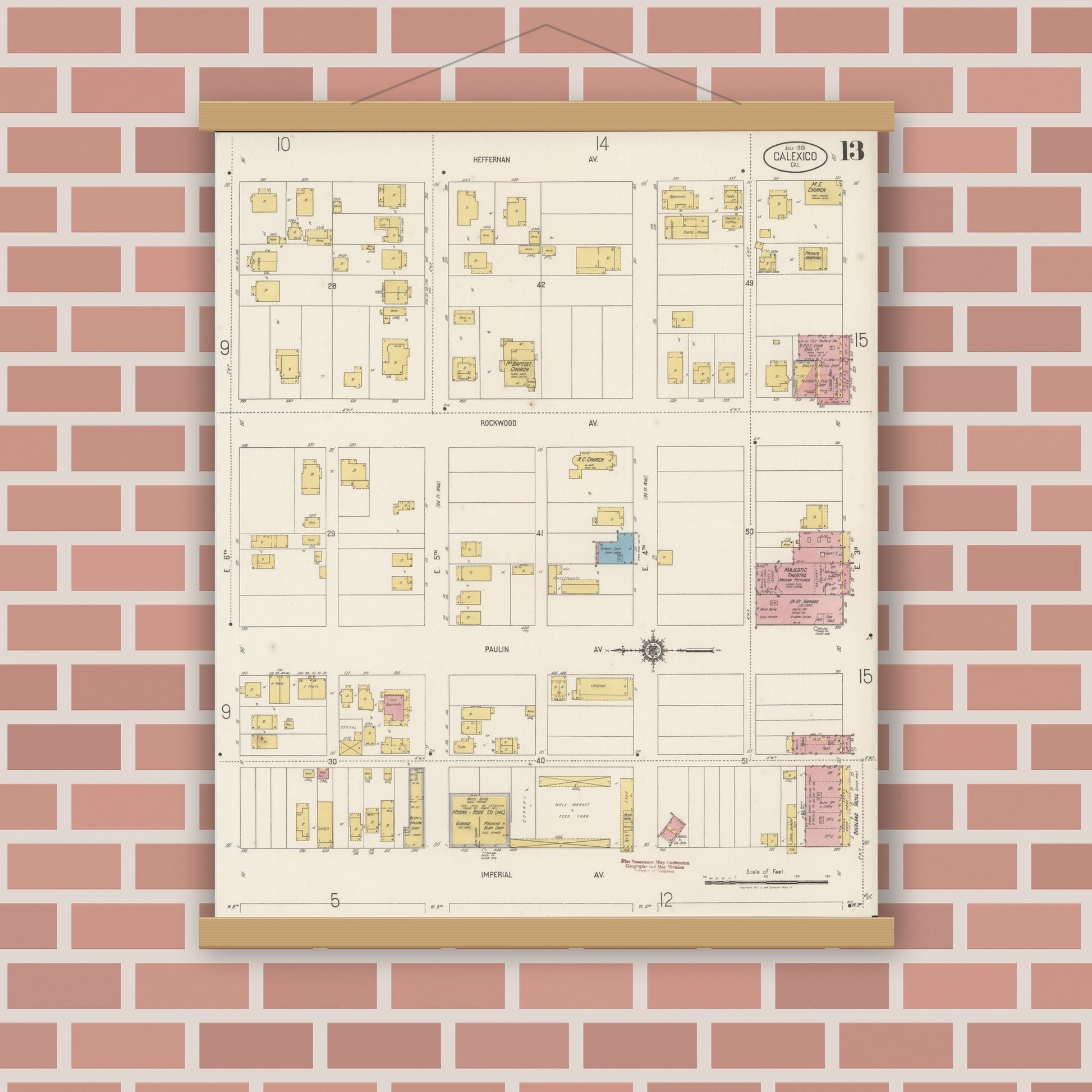 Old map wall art mockup — magnetic wood frame on brick wall — Sanborn Fire Insurance Map from Calexico, Imperial County, California (1920), Sheet #0013