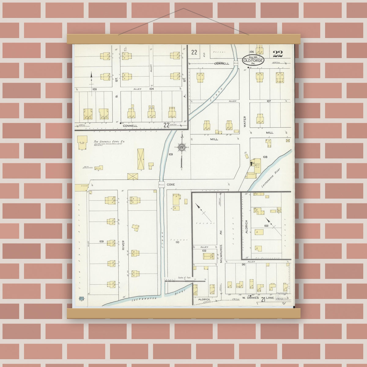Old map wall art mockup — magnetic wood frame on brick wall — Sanborn Fire Insurance Map from Old Forge, Lackawanna County, Pennsylvania (1914), Sheet #0022