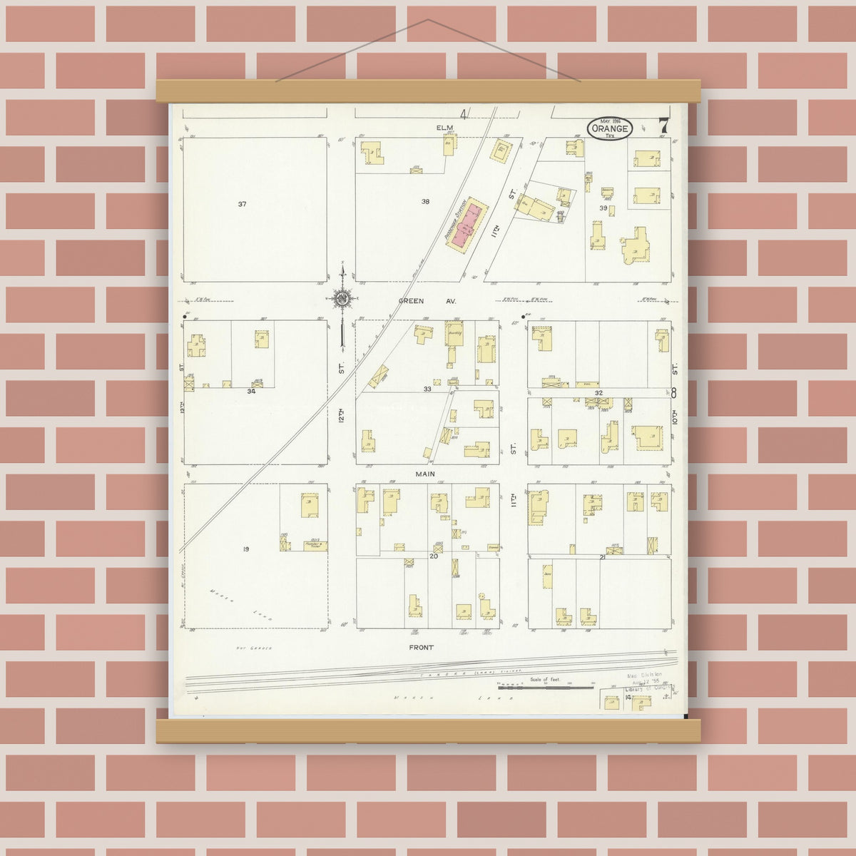 Old map wall art mockup — magnetic wood frame on brick wall — Sanborn Fire Insurance Map from Orange, Orange County, Texas (1914), Sheet #0007