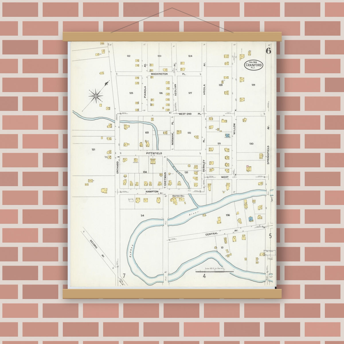 Old map wall art mockup — magnetic wood frame on brick wall — Sanborn Fire Insurance Map from Cranford, Union County, New Jersey (1908), Sheet #0006
