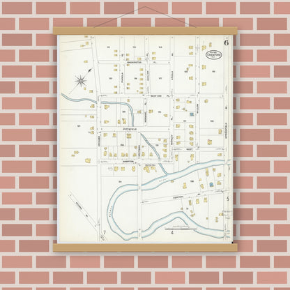 Old map wall art mockup — magnetic wood frame on brick wall — Sanborn Fire Insurance Map from Cranford, Union County, New Jersey (1908), Sheet #0006