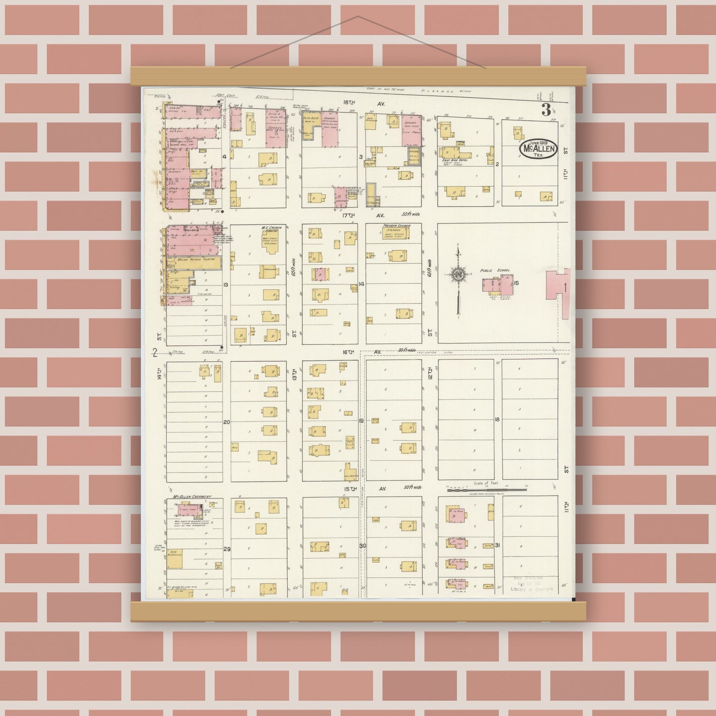 Old map wall art mockup — magnetic wood frame on brick wall — Sanborn Fire Insurance Map from McAllen, Hidalgo County, Texas (1919), Sheet #0003
