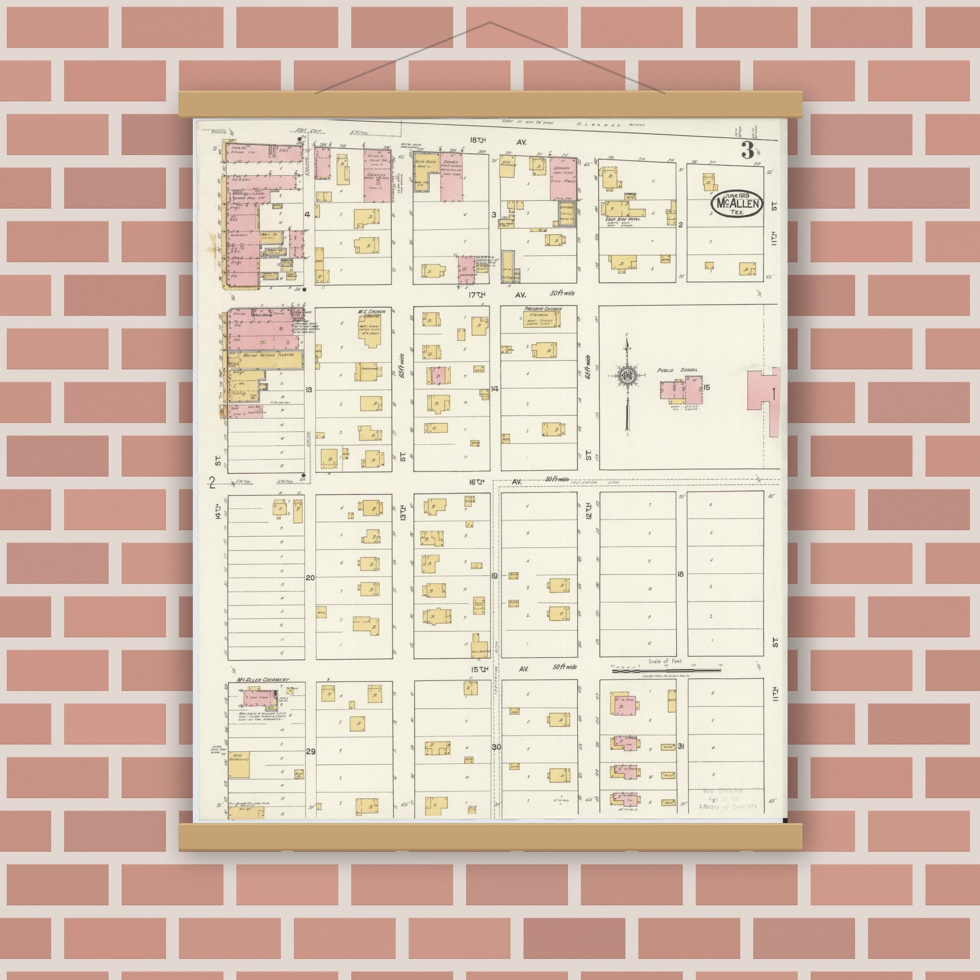 Old map wall art mockup — magnetic wood frame on brick wall — Sanborn Fire Insurance Map from McAllen, Hidalgo County, Texas (1919), Sheet #0003