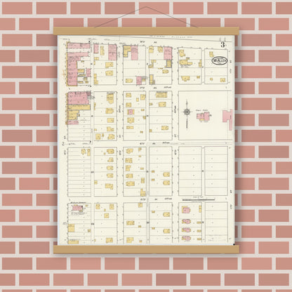 Old map wall art mockup — magnetic wood frame on brick wall — Sanborn Fire Insurance Map from McAllen, Hidalgo County, Texas (1919), Sheet #0003